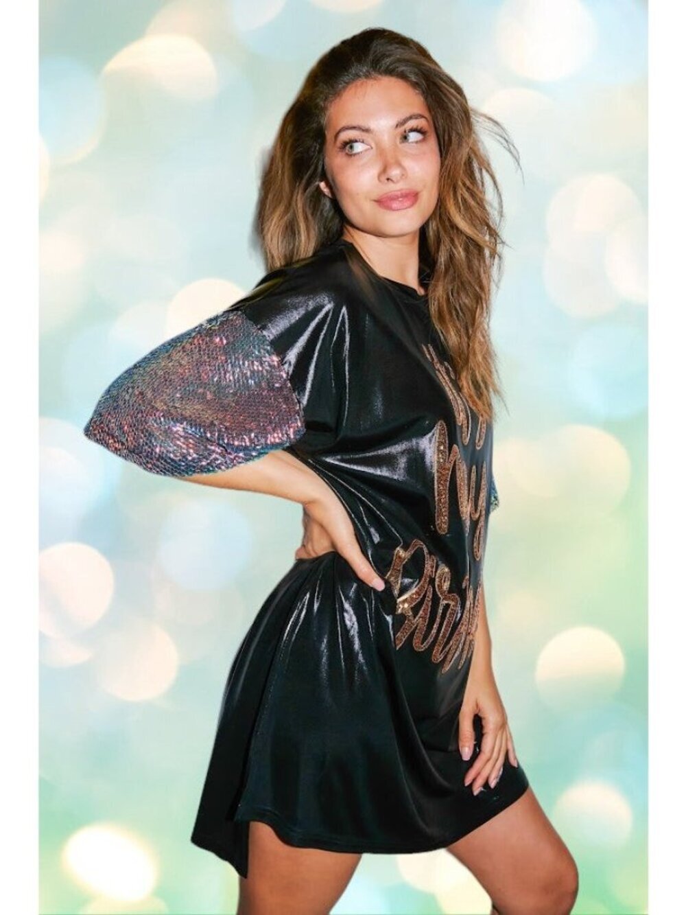 Birthday Queen Foil Sequin Dress in Black - Picture 7 of 8